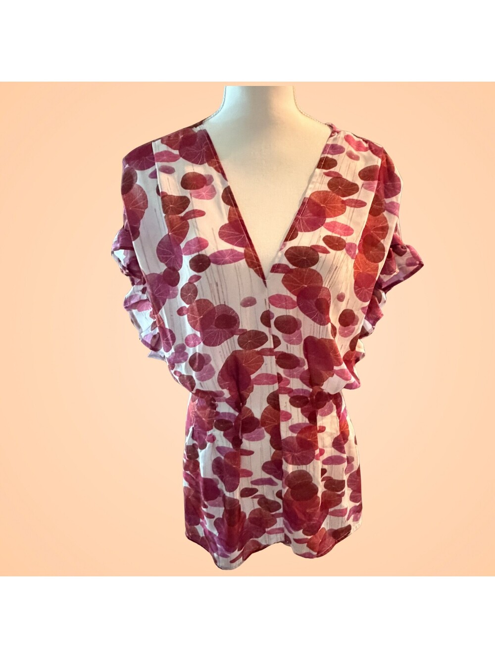 Ashley Stewart Size 22/24 Pink Floral Ruffle Sleeve V Neck Tie Back Blouse Top
